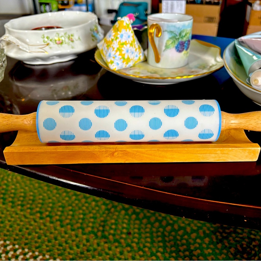 Blue Polka Dot Rolling Pin with Wooden Handles